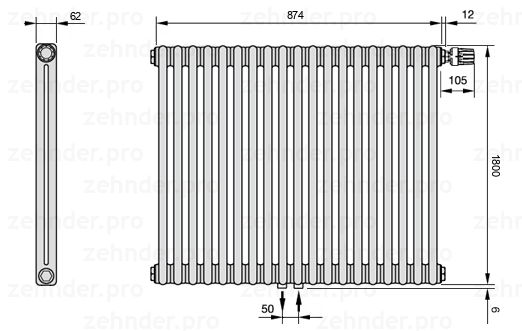 Схема (чертеж) Радиатор Zehnder Charleston 2180/19 №V008 Technoline TL